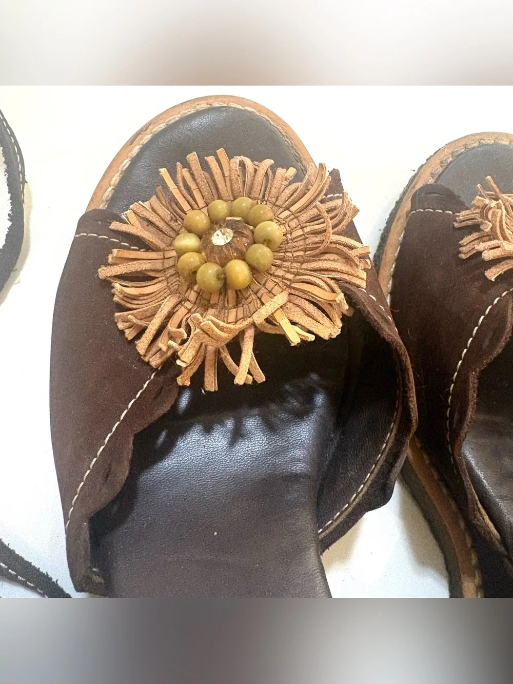 Brown Women's Floral Leather/Suede Lace-Up Wedge Sandals
